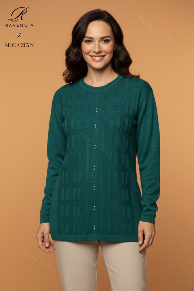 Kadın Bisiklet Yaka Likralı Desenli Triko Anne Kazak