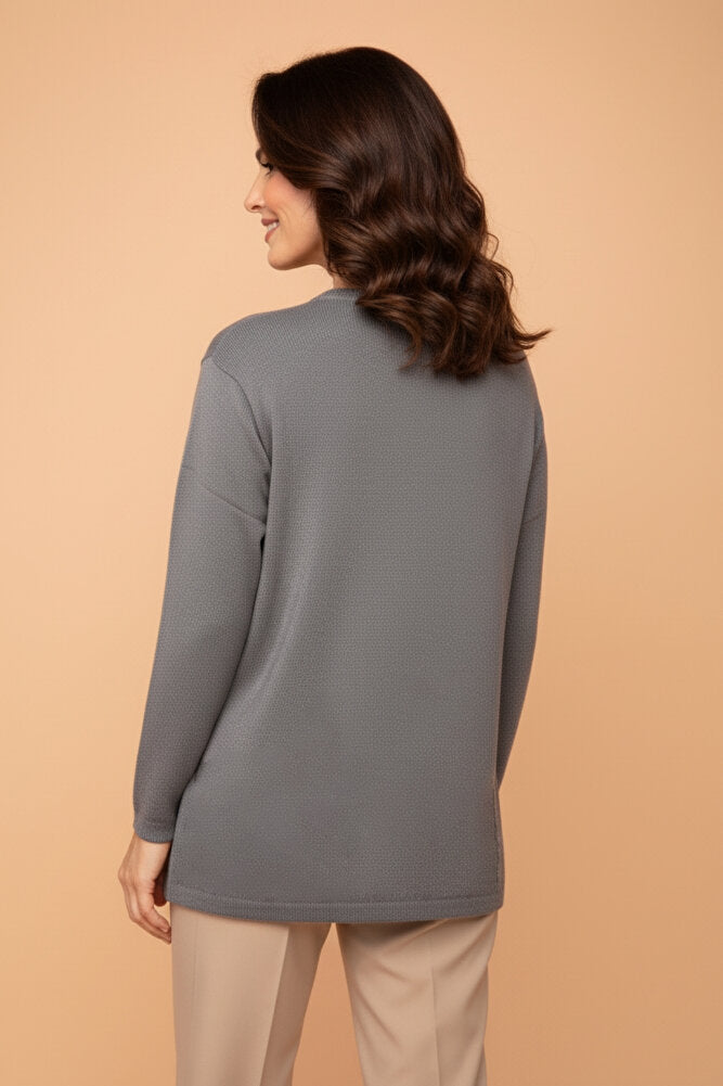 Kadın Bisiklet Yaka Likralı Desenli Triko Anne Kazak