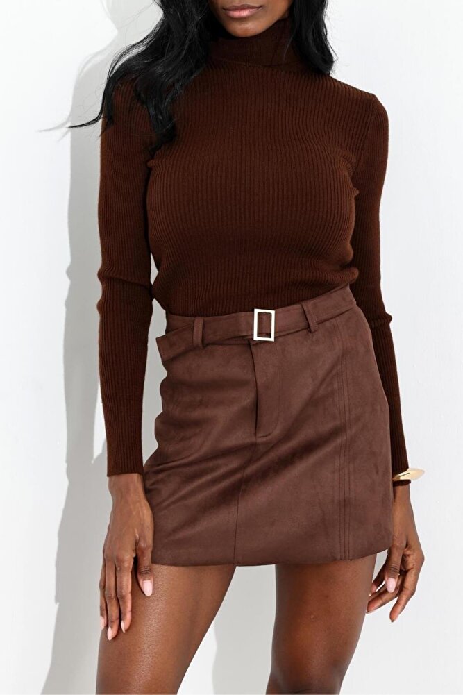 Kadın Premium Kalite Süet Kemerli Likralı Acı Kahve Etek