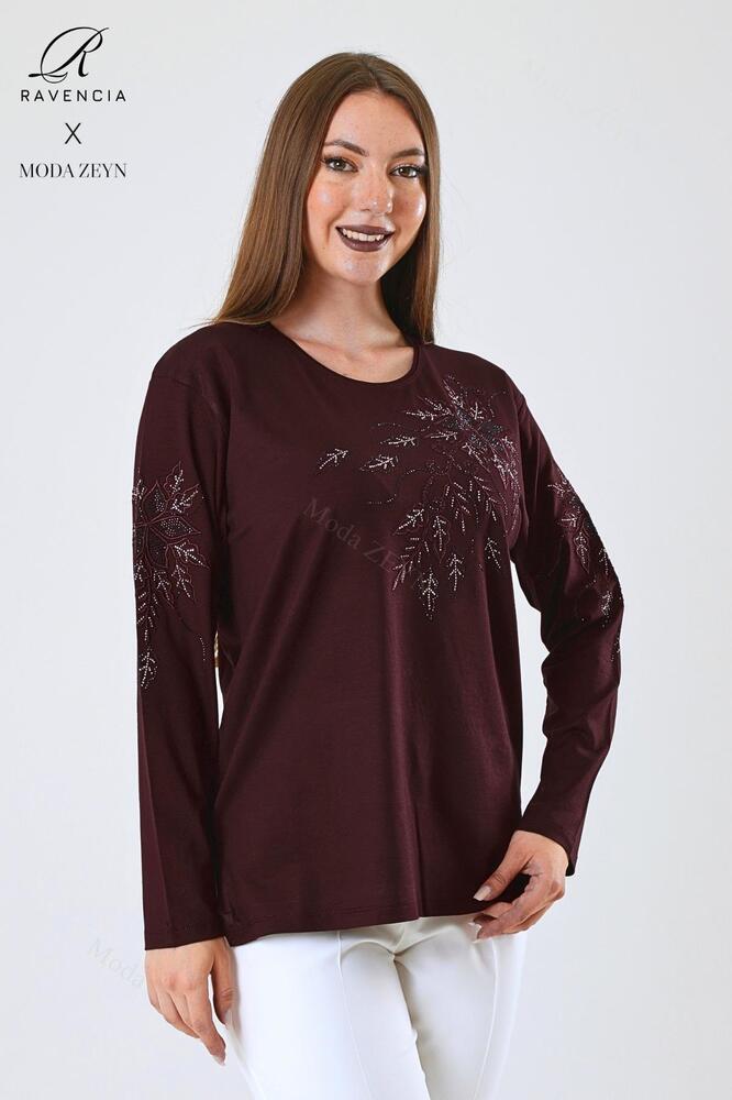 Kadın Orta Yaş Ve Üzeri Viskon Çiçek Desen Taşlı Işlemeli Likralı Anne Penye Bluz