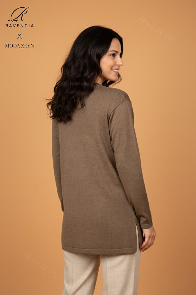 Kadın Bisiklet Yaka Likralı Desenli Triko Anne Kazak