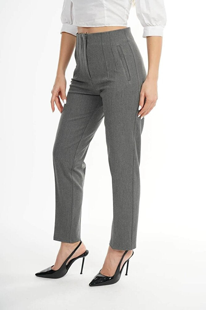 Kadın Model Yüksek Bel Kumaş Koyu Kırmızı Pantolon