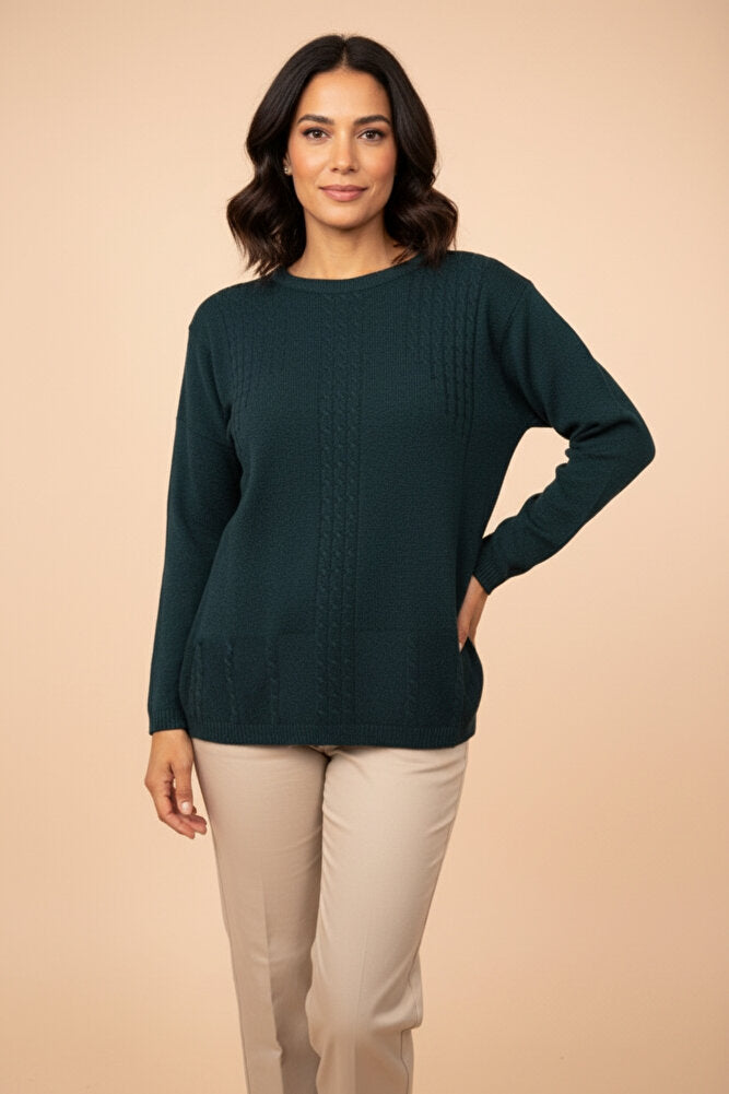 Kadın Bisiklet Yaka Likralı Desenli Triko Anne Kazak