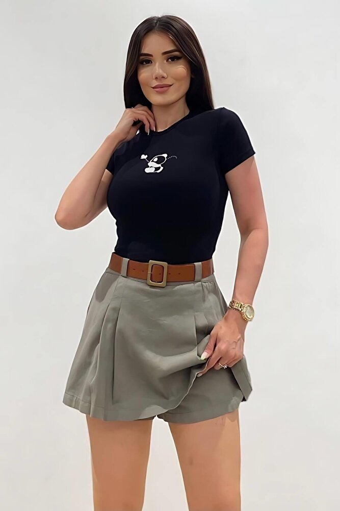 Kadın Pileli Şort Siyah Etek