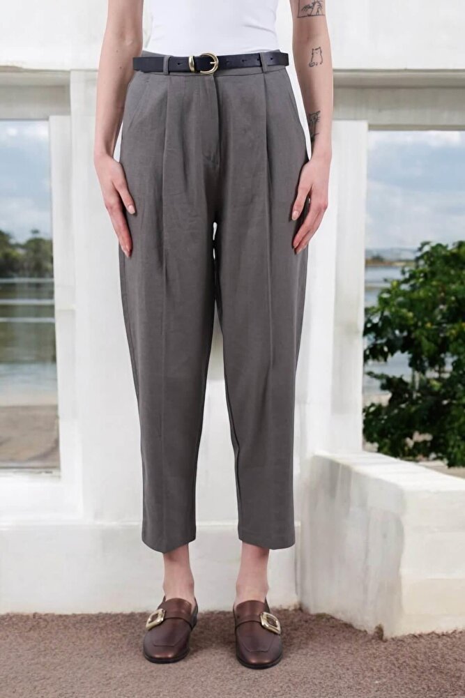 Kadın Kemerli Pileli Keten Pantolon