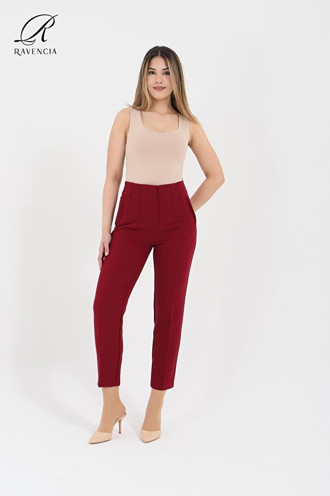 Kadın Model Yüksek Bel Kumaş Koyu Kırmızı Pantolon