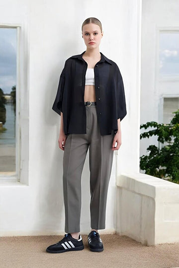 Kadın Kemerli Pileli Keten Pantolon