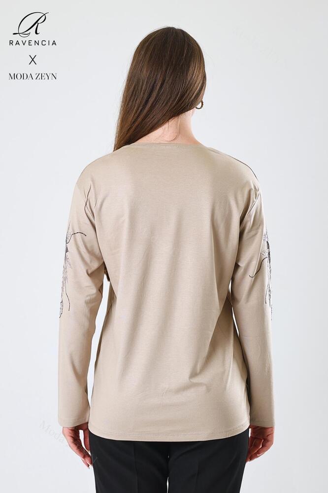 Kadın Orta Yaş Ve Üzeri Viskon Çiçek Desen Taşlı Işlemeli Likralı Anne Penye Bluz