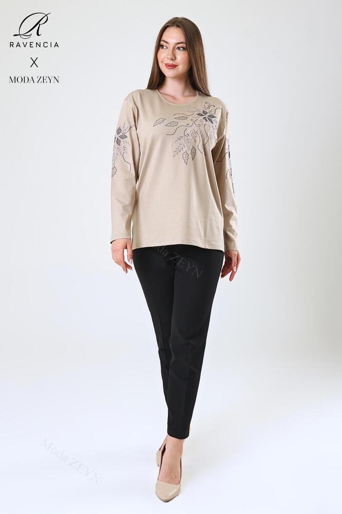 Kadın Orta Yaş Ve Üzeri Viskon Çiçek Desen Taşlı Işlemeli Likralı Anne Penye Bluz