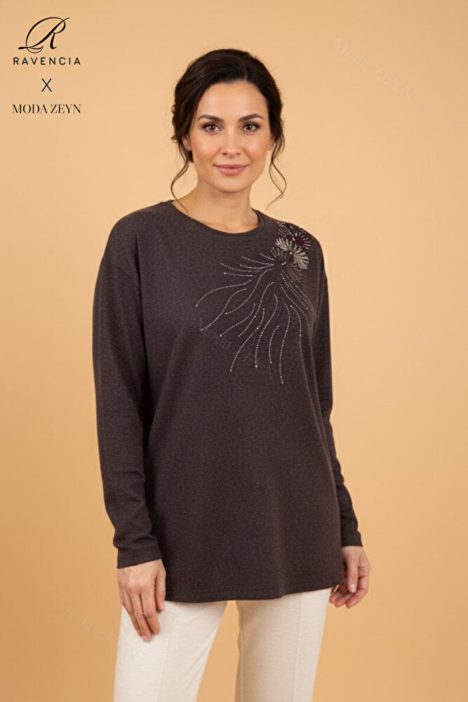 Kadın Damla Desenli Taşlı Likralı Yırtmaçlı Yün Anne Penye Bluz