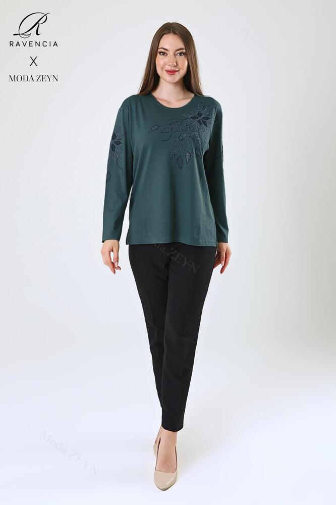 Kadın Orta Yaş Ve Üzeri Viskon Çiçek Desen Taşlı Işlemeli Likralı Anne Penye Bluz