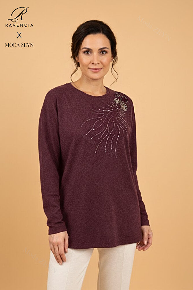 Kadın Damla Desenli Taşlı Likralı Yırtmaçlı Yün Anne Penye Bluz