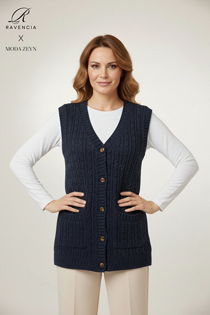 Kadın V Yaka Kalın Yün Saç Örgü Triko Düğmeli Cepli Anne Yelek