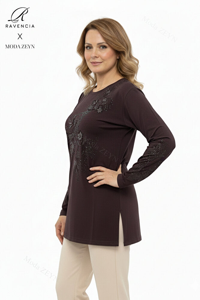 Kadın Orta Yaş Ve Üzeri Viskon Yapraklı Desen Taşlı Yırtmaçlı İşlemeli Likralı Anne Penye Bluz