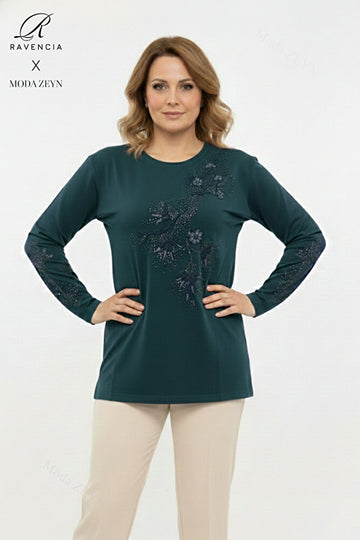 Kadın Orta Yaş Ve Üzeri Viskon Yapraklı Desen Taşlı Yırtmaçlı İşlemeli Likralı Anne Penye Bluz