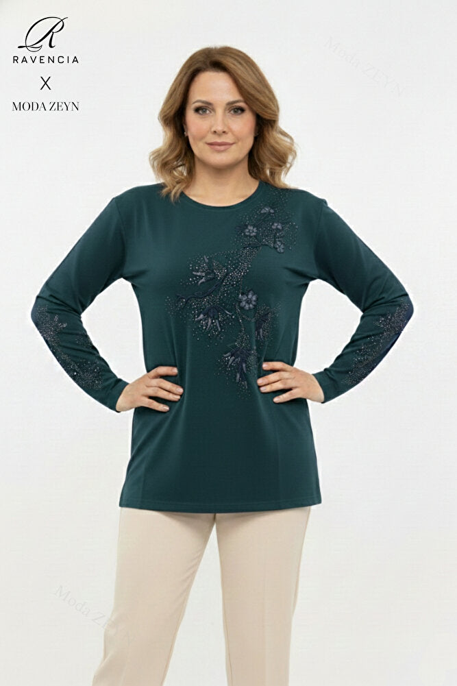 Kadın Orta Yaş Ve Üzeri Viskon Yapraklı Desen Taşlı Yırtmaçlı İşlemeli Likralı Anne Penye Bluz