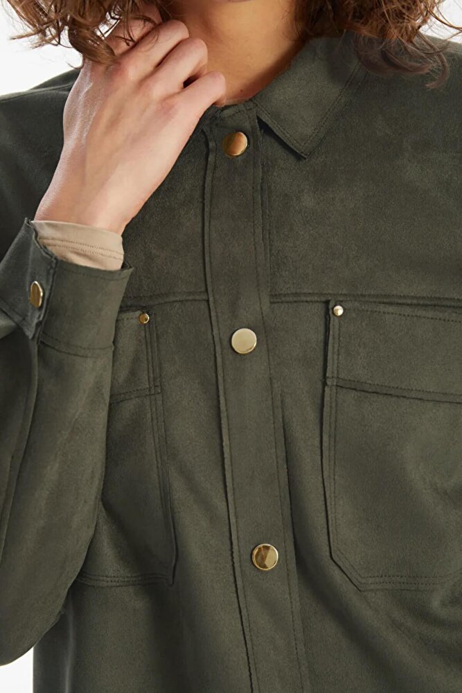Kadın Gold Düğme Detaylı Haki Süet Gömlek