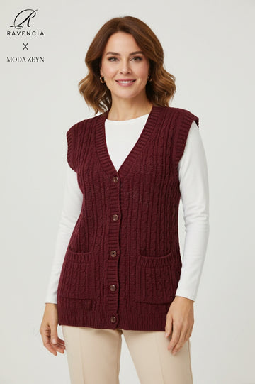 Kadın V Yaka Kalın Yün Saç Örgü Triko Düğmeli Cepli Anne Yelek