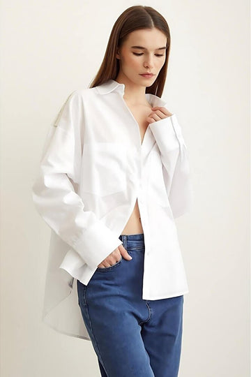Kadın Omuz İşlemeli Beyaz Oversize Gömlek
