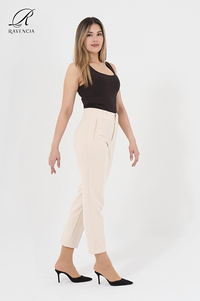 Kadın Model Yüksek Bel Kumaş Koyu Kırmızı Pantolon