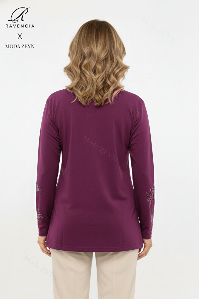 Kadın Orta Yaş Ve Üzeri Viskon Yapraklı Desen Taşlı Yırtmaçlı İşlemeli Likralı Anne Penye Bluz