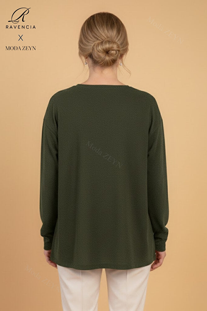 Kadın Çiçek Desenli Taşlı Likralı Yırtmaçlı Yün Anne Penye Bluz