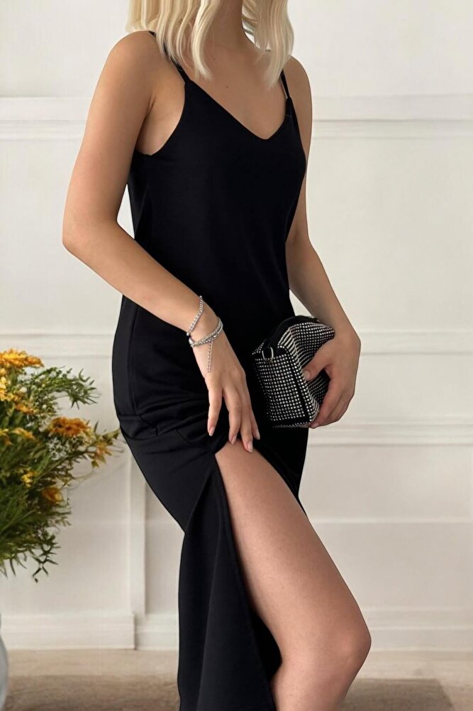 Kadın İp Askılı Çift Yırtmaç Detaylı Modal Kumaş Elbise