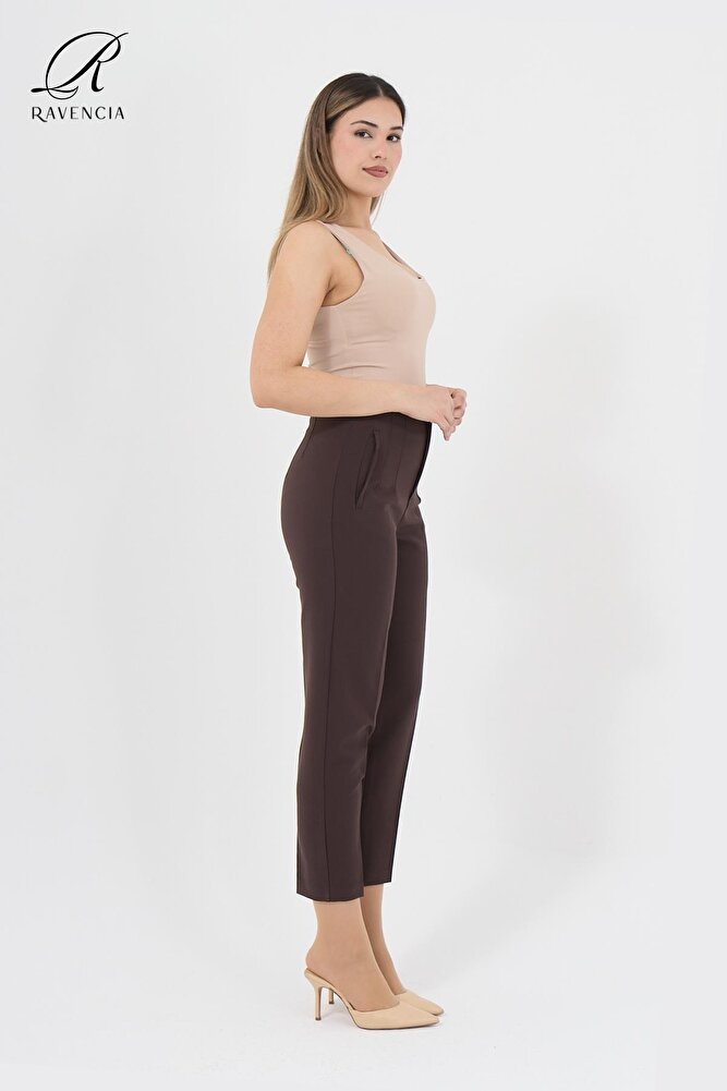 Kadın Model Yüksek Bel Kumaş Koyu Kırmızı Pantolon