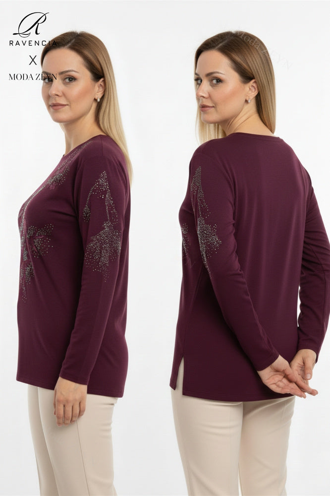 Kadın Orta Yaş Ve Üzeri Viskon Yapraklı Desen Taşlı Yırtmaçlı İşlemeli Likralı Anne Penye Bluz