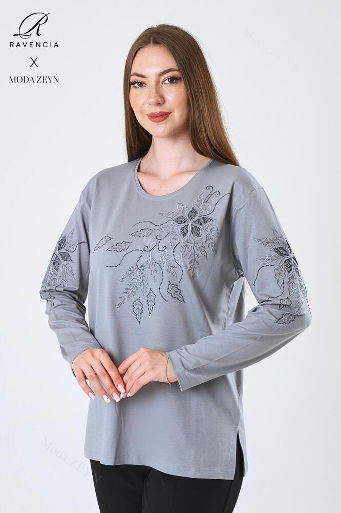 Kadın Orta Yaş Ve Üzeri Viskon Çiçek Desen Taşlı Işlemeli Likralı Anne Penye Bluz