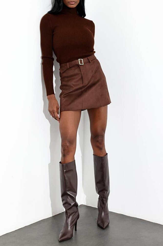 Kadın Premium Kalite Süet Kemerli Likralı Acı Kahve Etek