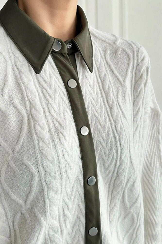 Kadın Vizon Polo Yakalı Çıtçıtlı Saç Örgü Triko Hırka