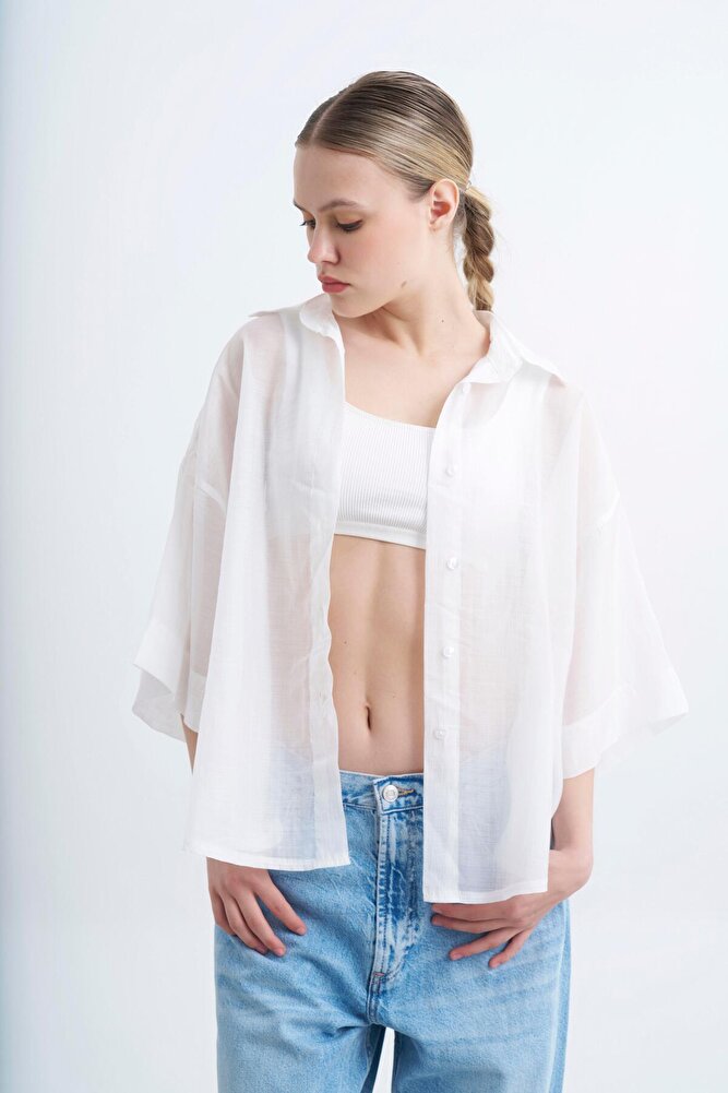 Kadın Yarım Kol Oversize İpeksi Gömlek