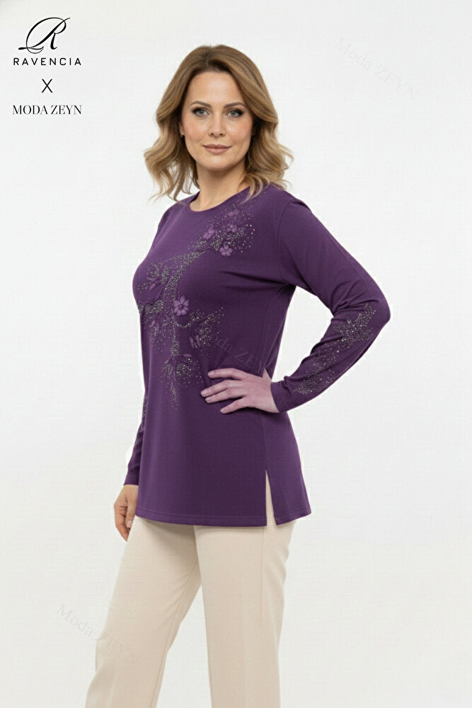 Kadın Orta Yaş Ve Üzeri Viskon Yapraklı Desen Taşlı Yırtmaçlı İşlemeli Likralı Anne Penye Bluz