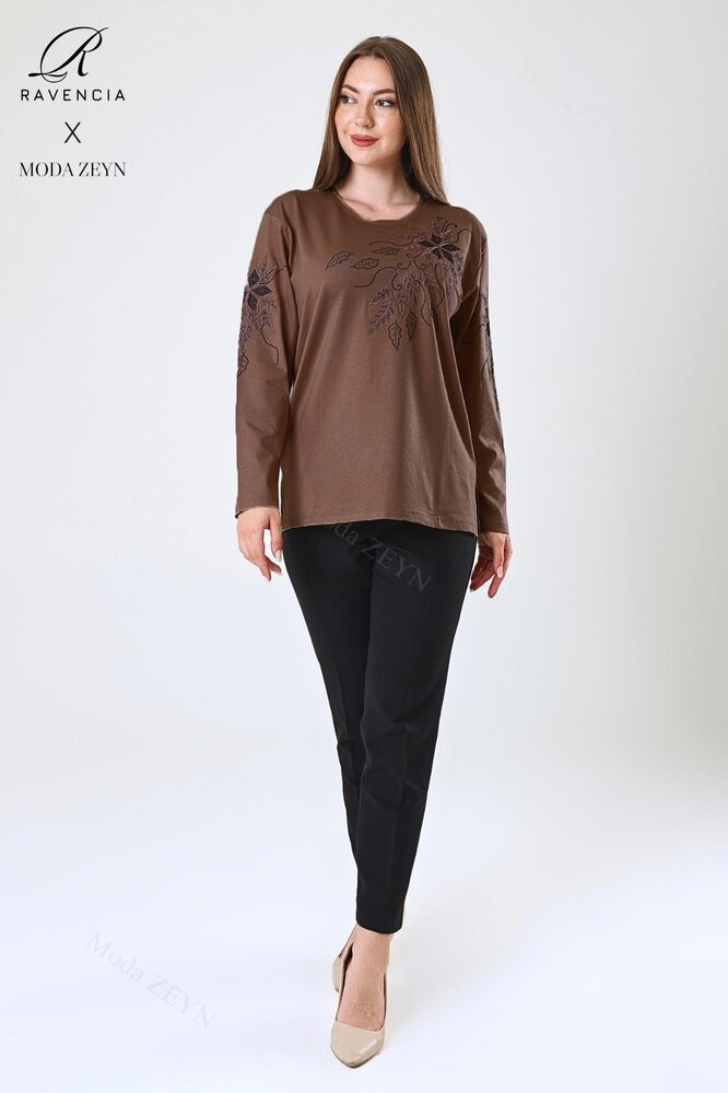 Kadın Orta Yaş Ve Üzeri Viskon Çiçek Desen Taşlı Işlemeli Likralı Anne Penye Bluz