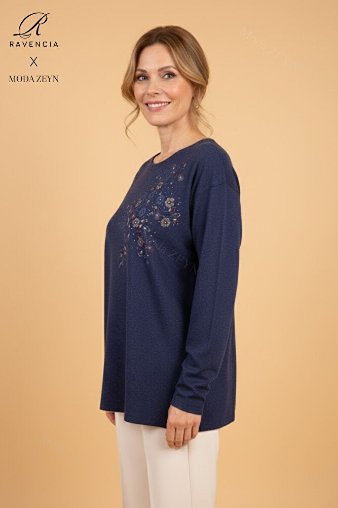 Kadın Çiçek Desenli Taşlı Likralı Yırtmaçlı Yün Anne Penye Bluz