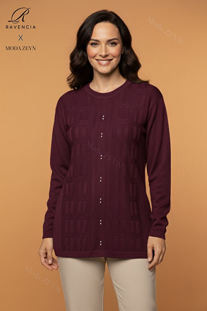 Kadın Bisiklet Yaka Likralı Desenli Triko Anne Kazak