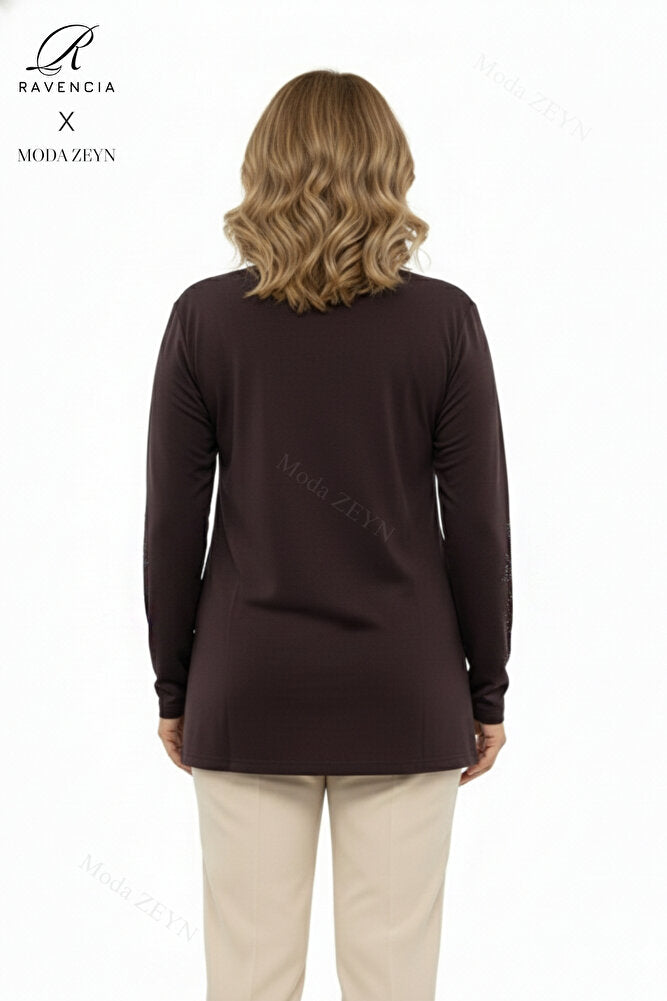 Kadın Orta Yaş Ve Üzeri Viskon Yapraklı Desen Taşlı Yırtmaçlı İşlemeli Likralı Anne Penye Bluz