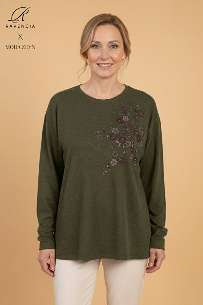 Kadın Çiçek Desenli Taşlı Likralı Yırtmaçlı Yün Anne Penye Bluz