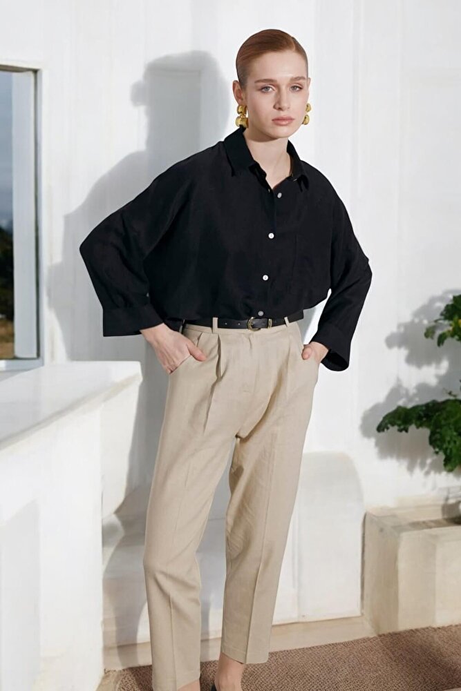 Kadın Kemerli Pileli Keten Pantolon