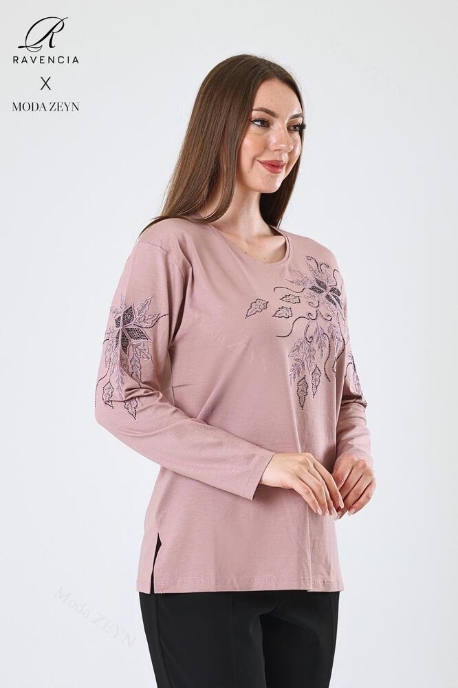 Kadın Orta Yaş Ve Üzeri Viskon Çiçek Desen Taşlı Işlemeli Likralı Anne Penye Bluz