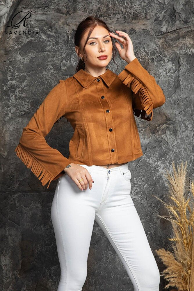 Kadın Western Süet Püsküllü Nakışlı Ceket