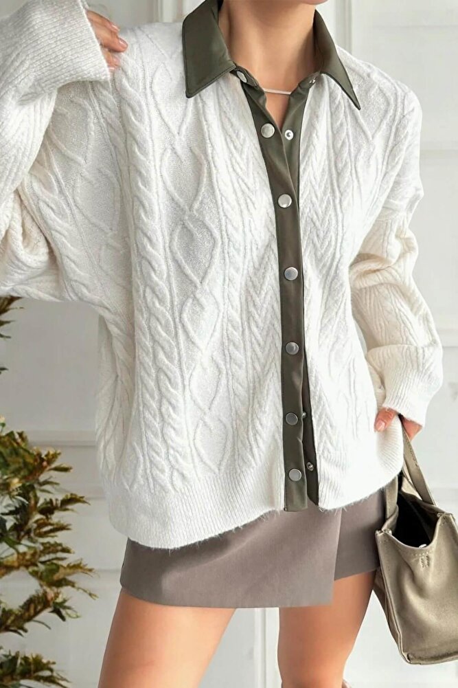 Kadın Vizon Polo Yakalı Çıtçıtlı Saç Örgü Triko Hırka