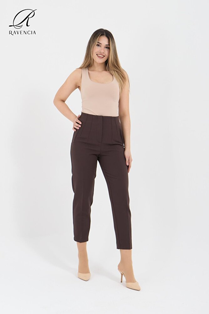 Kadın Model Yüksek Bel Kumaş Koyu Kırmızı Pantolon