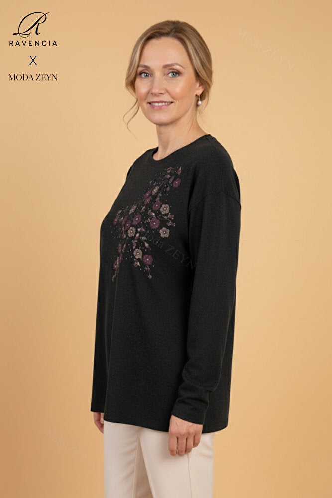 Kadın Çiçek Desenli Taşlı Likralı Yırtmaçlı Yün Anne Penye Bluz