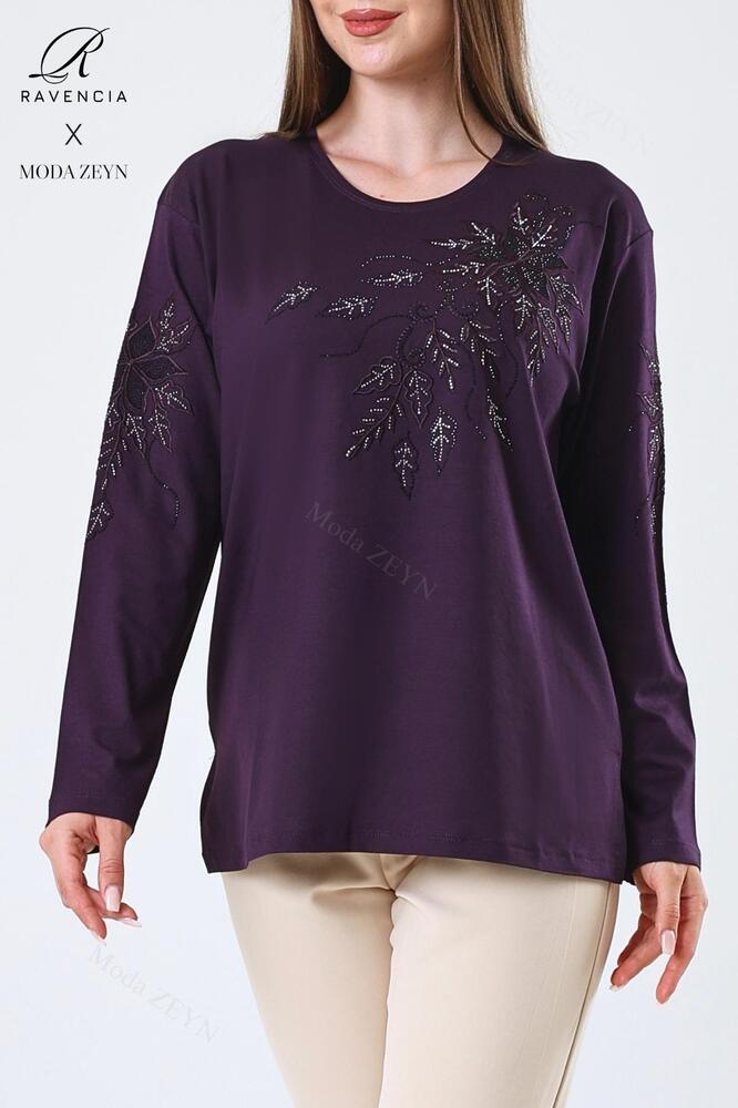 Kadın Orta Yaş Ve Üzeri Viskon Çiçek Desen Taşlı Işlemeli Likralı Anne Penye Bluz