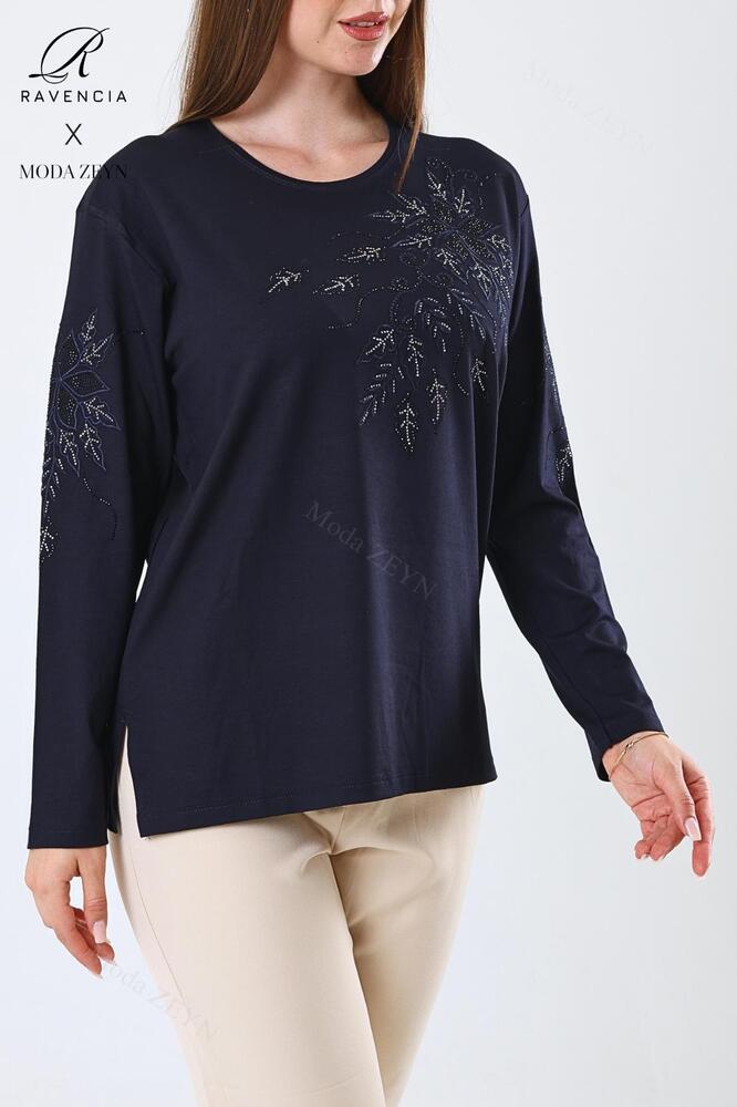 Kadın Orta Yaş Ve Üzeri Viskon Çiçek Desen Taşlı Işlemeli Likralı Anne Penye Bluz