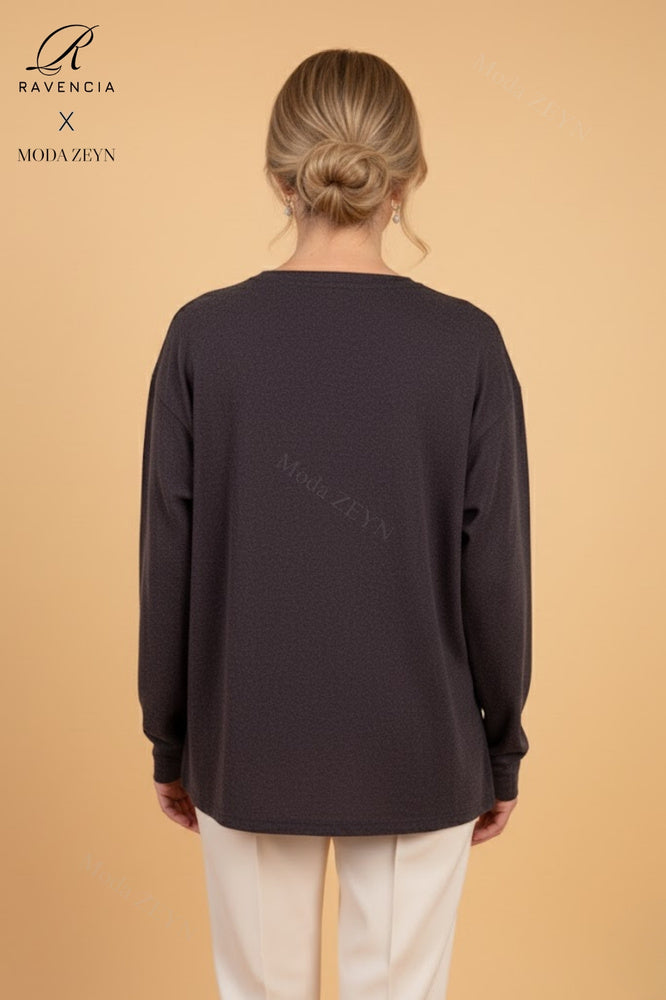 Kadın Çiçek Desenli Taşlı Likralı Yırtmaçlı Yün Anne Penye Bluz