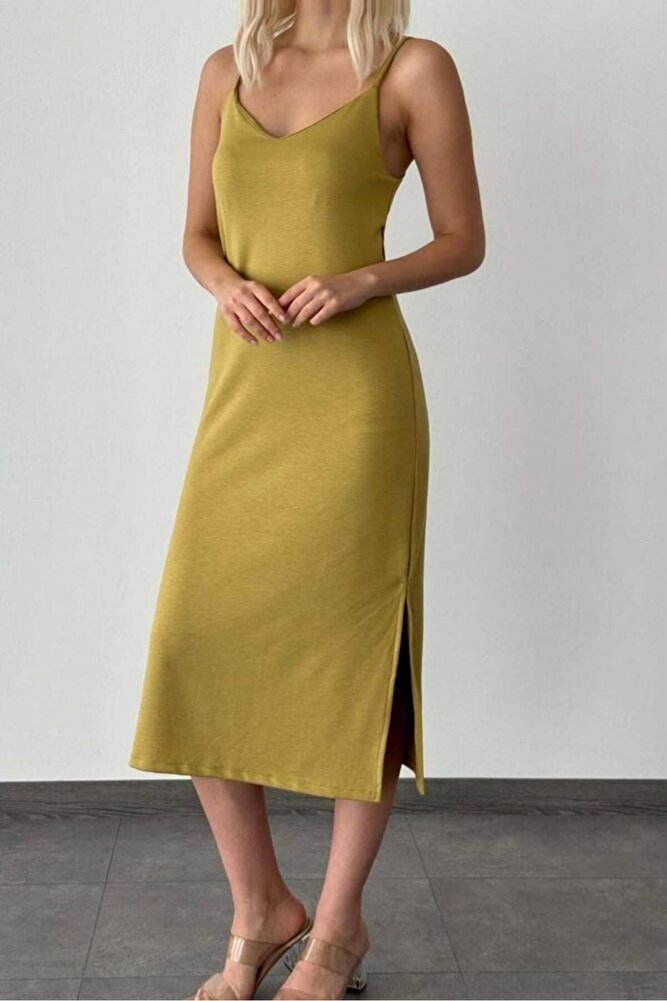 Kadın İp Askılı Çift Yırtmaç Detaylı Modal Kumaş Elbise