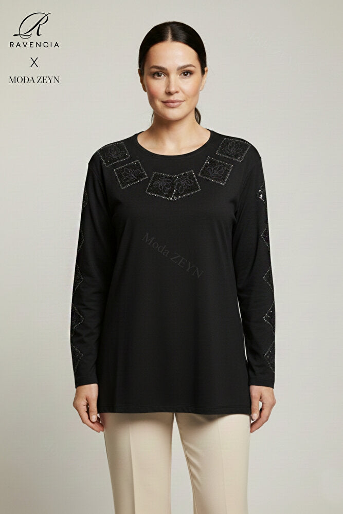 Kadın Orta Yaş Ve Üzeri Viskon Kare Taşlı Yırtmaçlı İşlemeli Likralı Anne Penye Bluz